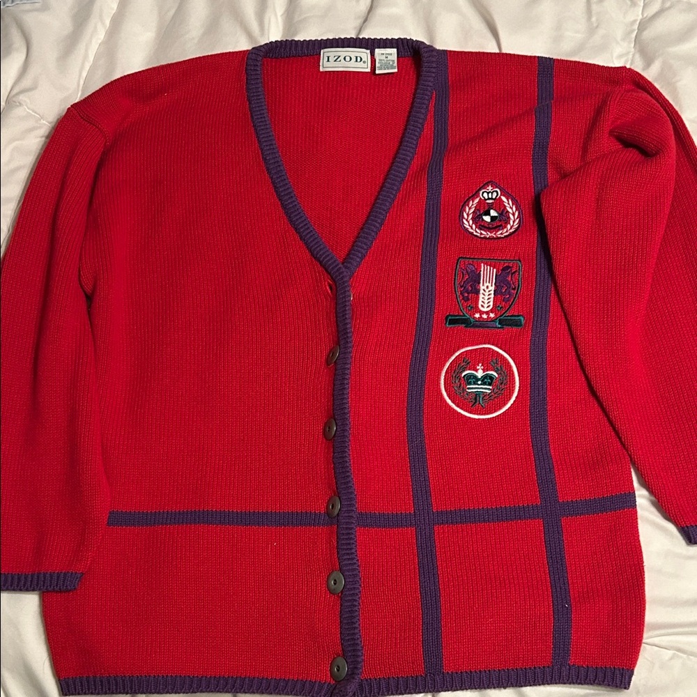 Izod Women's Red Cardigan with Purple Accents